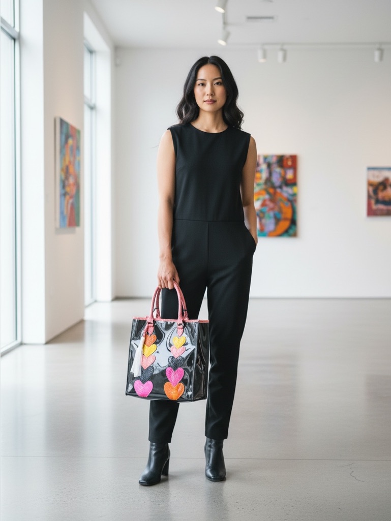 Tosca Blu Black Tote With Pink Handles And Multicolor Heart Appliqus